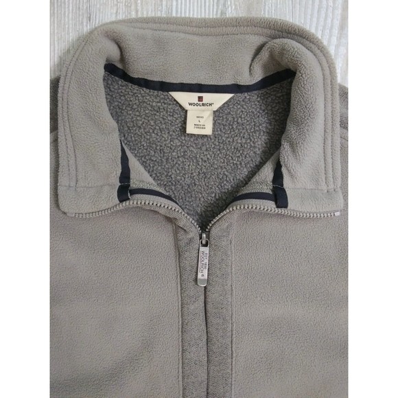 Woolrich Men's Large Fleece Vest Jacket Full Zip Pockets Gray Taupe Pile Lined - Picture 2 of 11